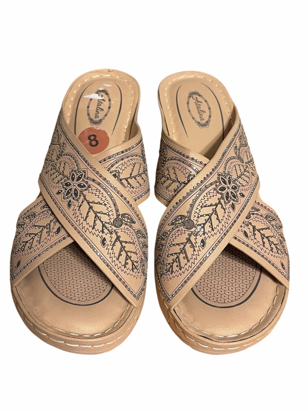 Beige Embroidered Crossband Slide Mules for Women